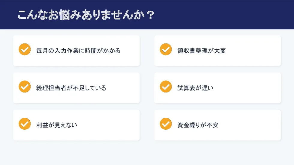 こんなお悩みありませんか？毎月の入力作業・領収書整理・経理担当者不足・試算表の遅れ・利益や資金繰りの不安