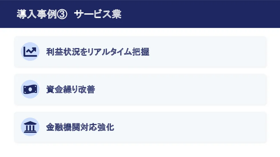 導入事例③サービス業：利益状況をリアルタイム把握、資金繰り改善、金融機関対応強化