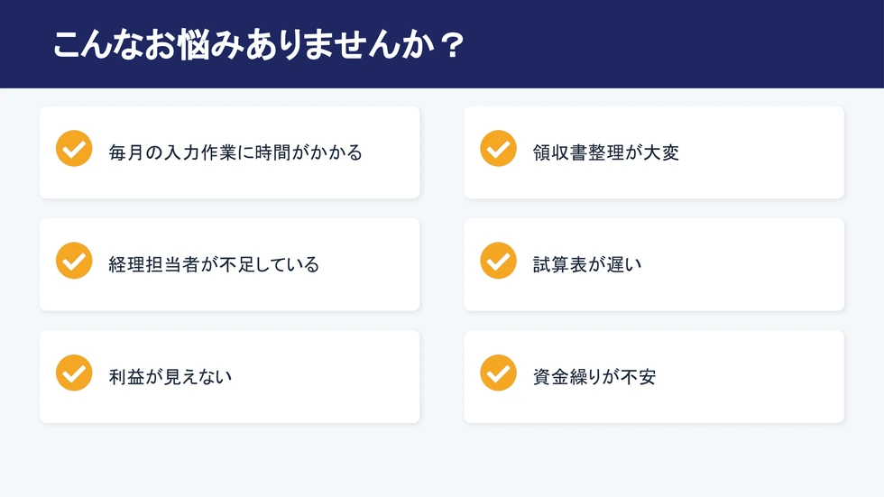 こんなお悩みありませんか？毎月の入力作業に時間がかかる、領収書整理が大変、経理担当者が不足、試算表が遅い、利益が見えない、資金繰りが不安