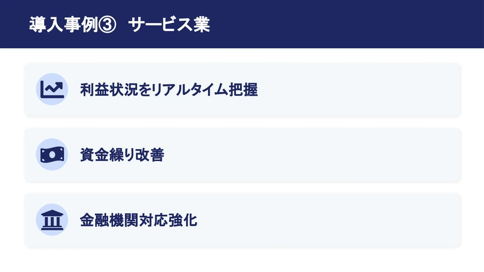 導入事例③サービス業：利益状況をリアルタイム把握、資金繰り改善、金融機関対応強化を実現
