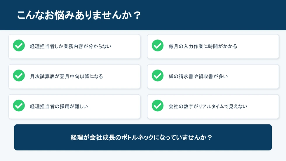 こんなお悩みありませんか？経理担当者しか業務内容が分からない、月次試算表が翌月中旬以降、経理担当者の採用が難しい等。経理が会社成長のボトルネックに